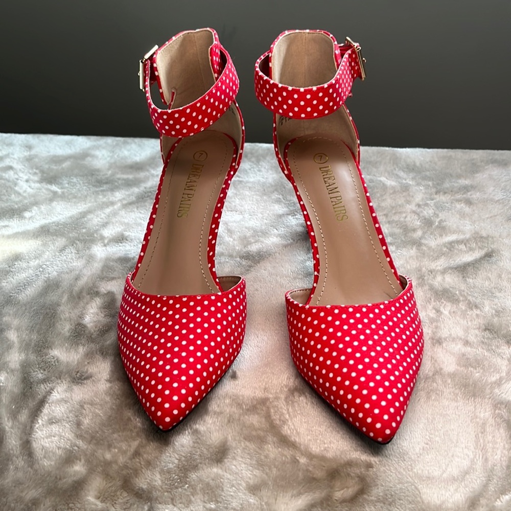 Red & White super cute sexy low heels Anke strap fabric  size 7 ladies